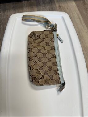 Gucci Beige Brown GG Canvas Wristlet with Light Blue Trim